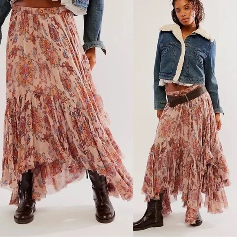 Free People Asymmetrical Boho Skirt - Pink and Brown